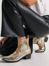 Metallic Lizard Applique Slip-On Pointy Women Cowboy Ankle Booties With Elastic Side Panel